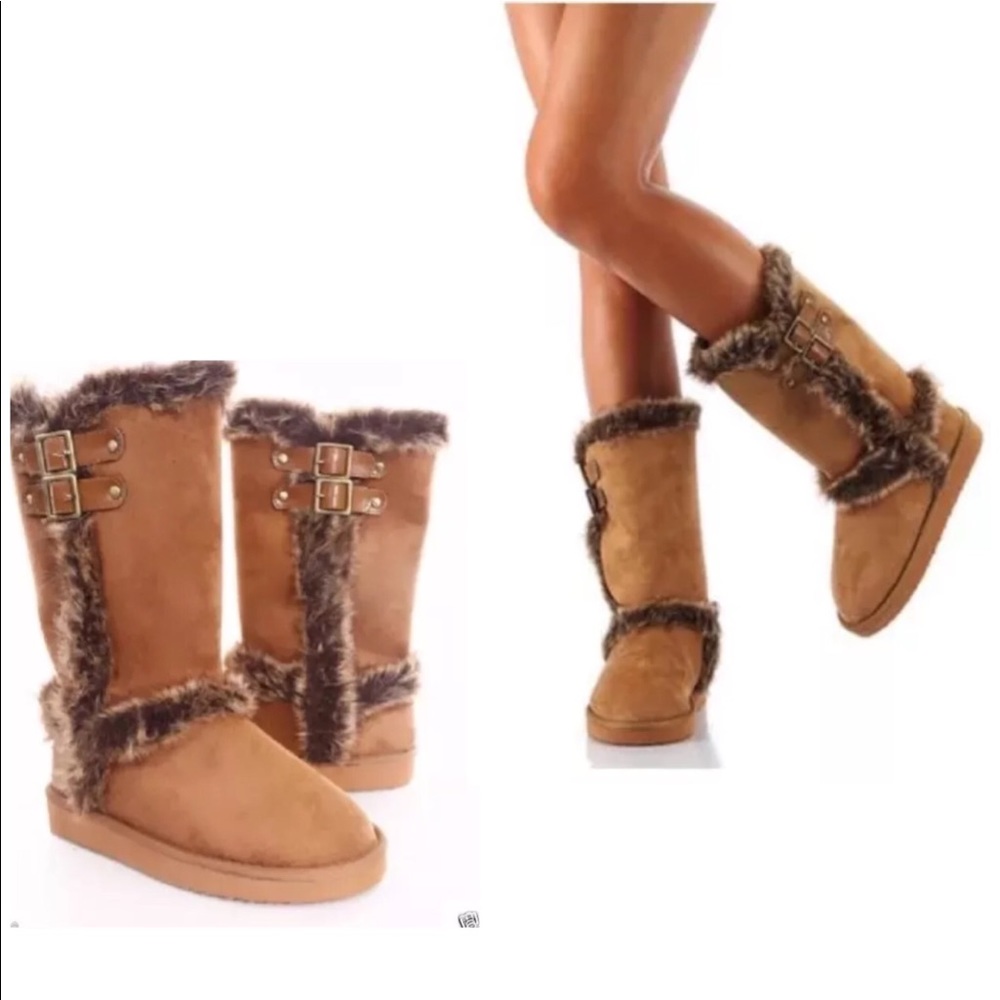 Qupid women’s vegan mid calf fur boots in camel